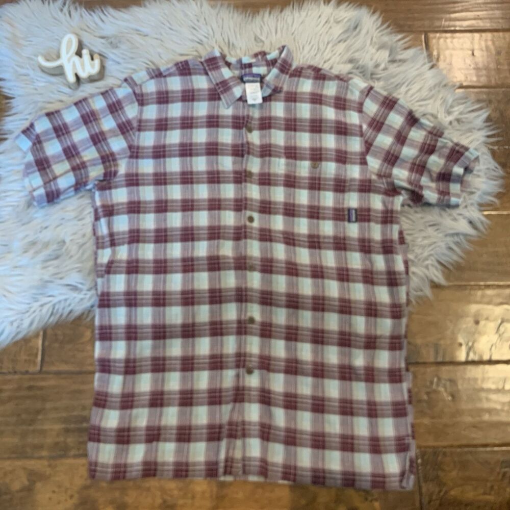 Patagonia Shirt Mens Size Medium Plaid Organic Cotton Gauze Burgundy Blue White